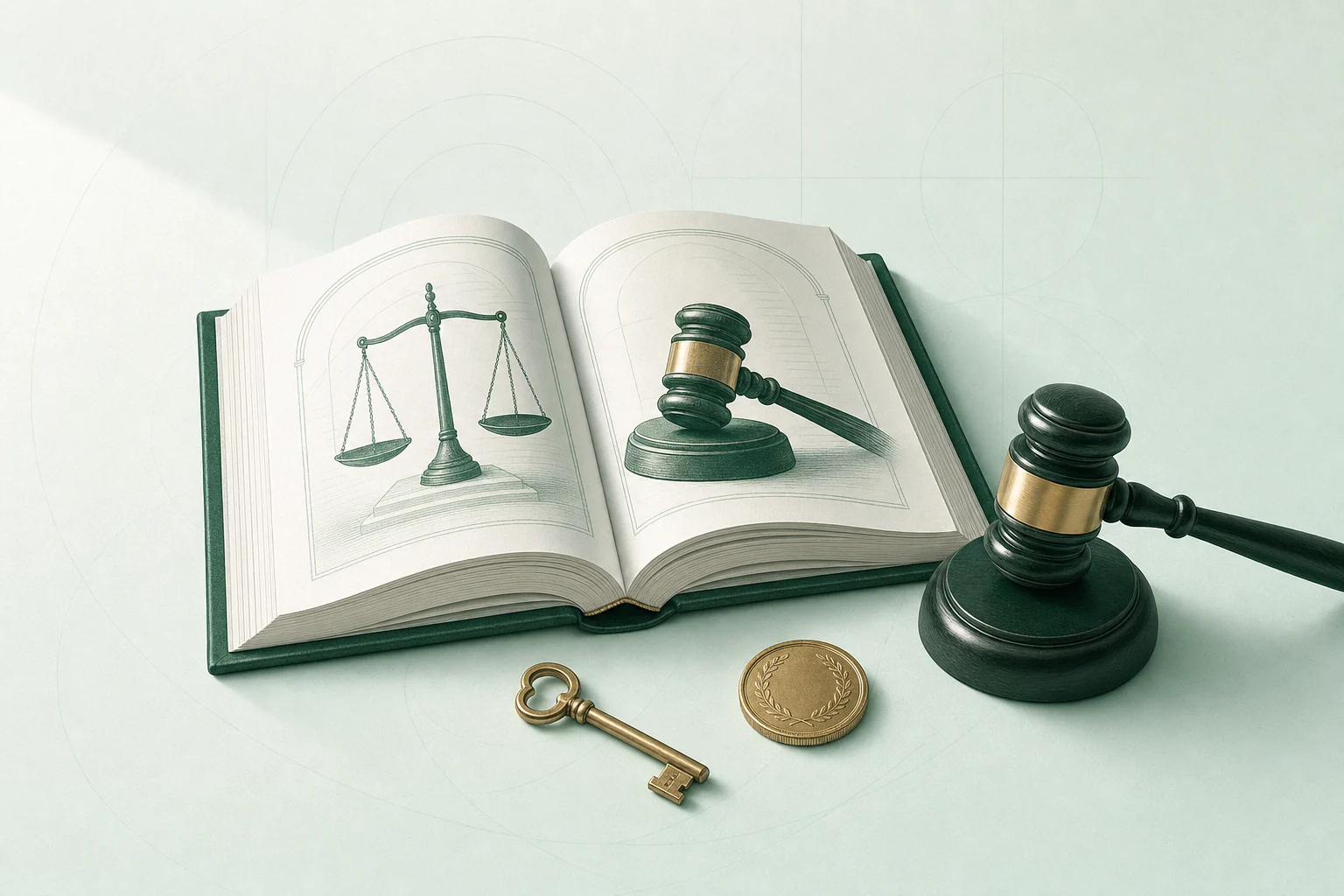 Libro abierto junto a una maza, una llave y una moneda