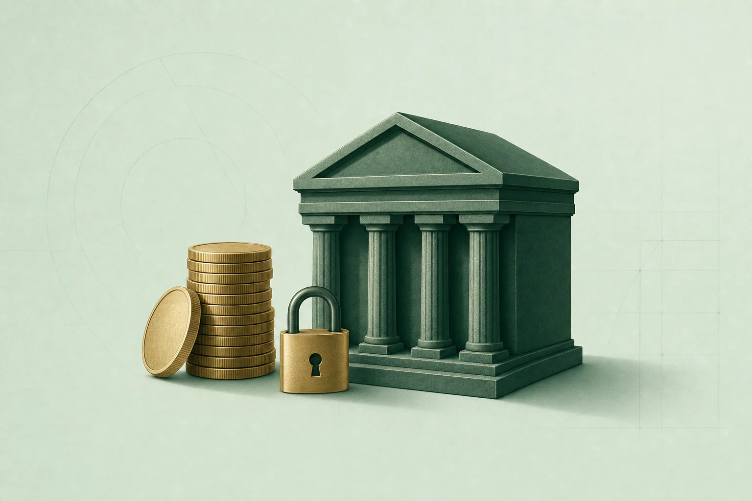 Monedas con candado y edificio institucional de la Seguridad Social