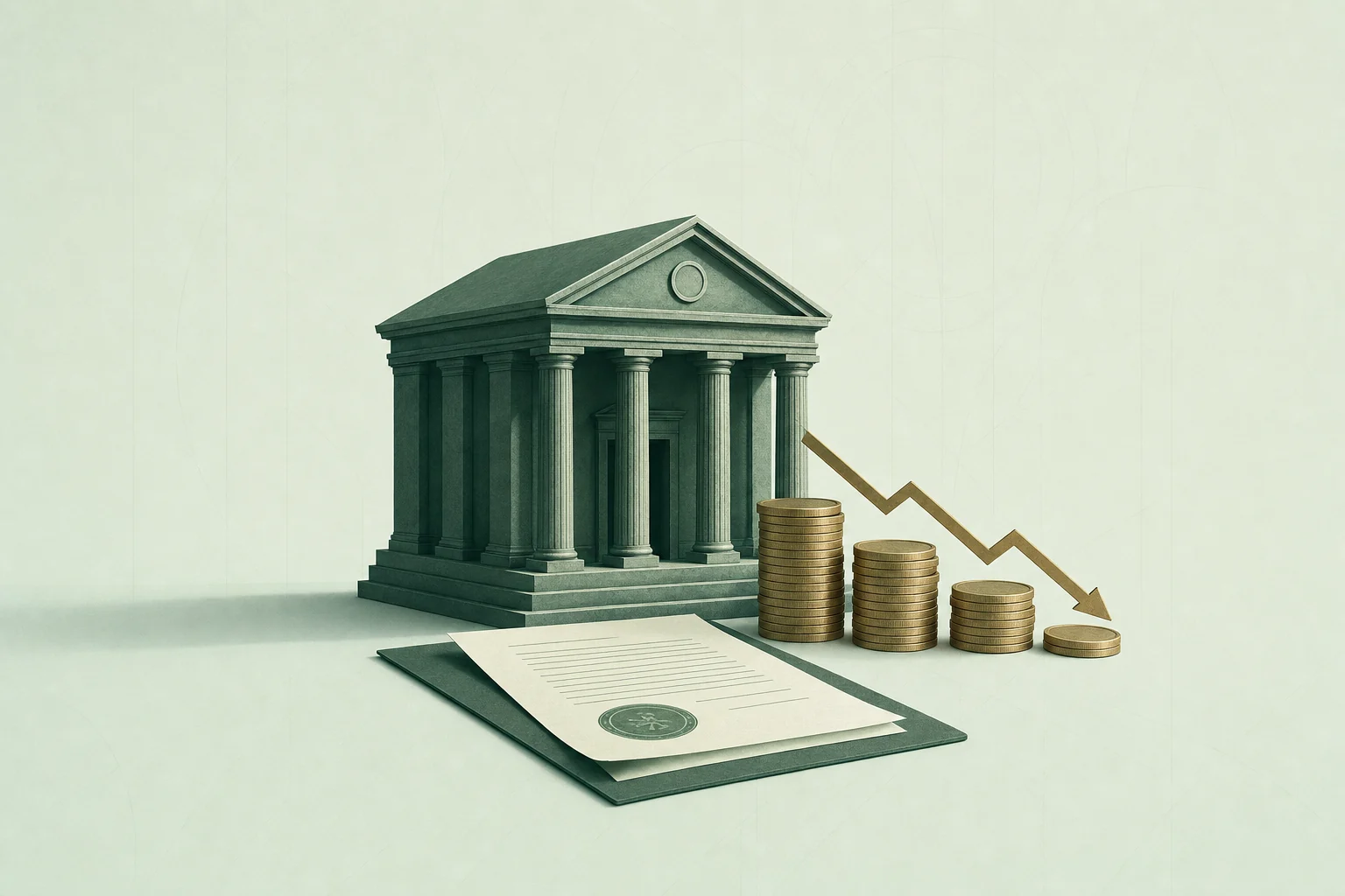 Edificio institucional y monedas descendentes
