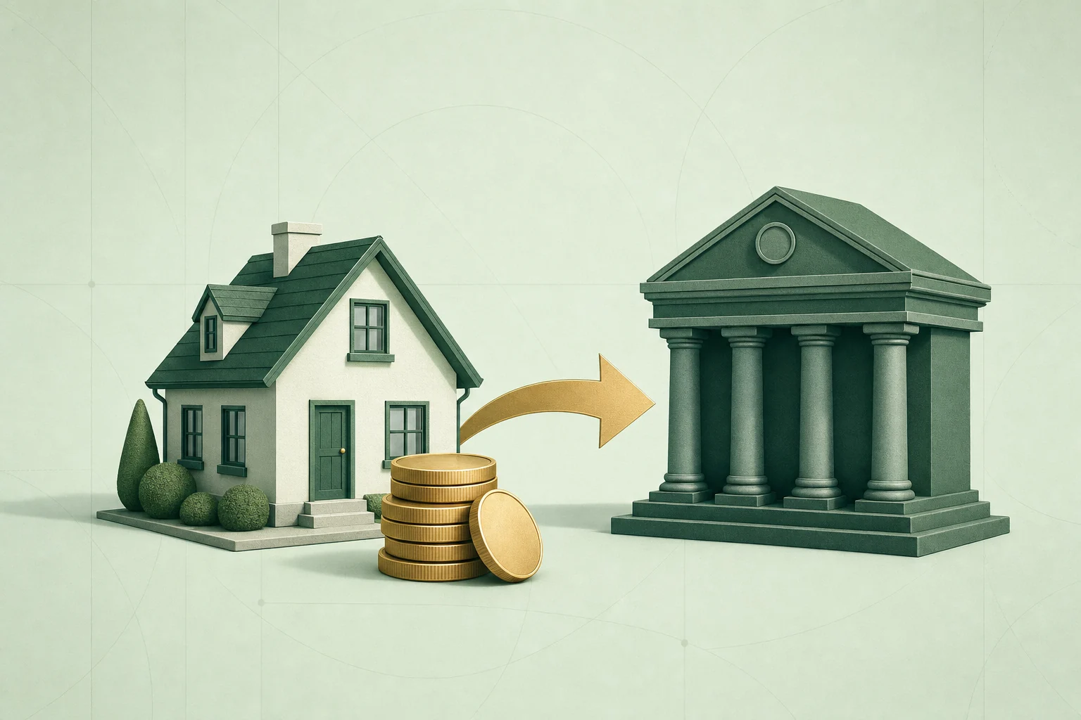 Vivienda, monedas y edificio bancario