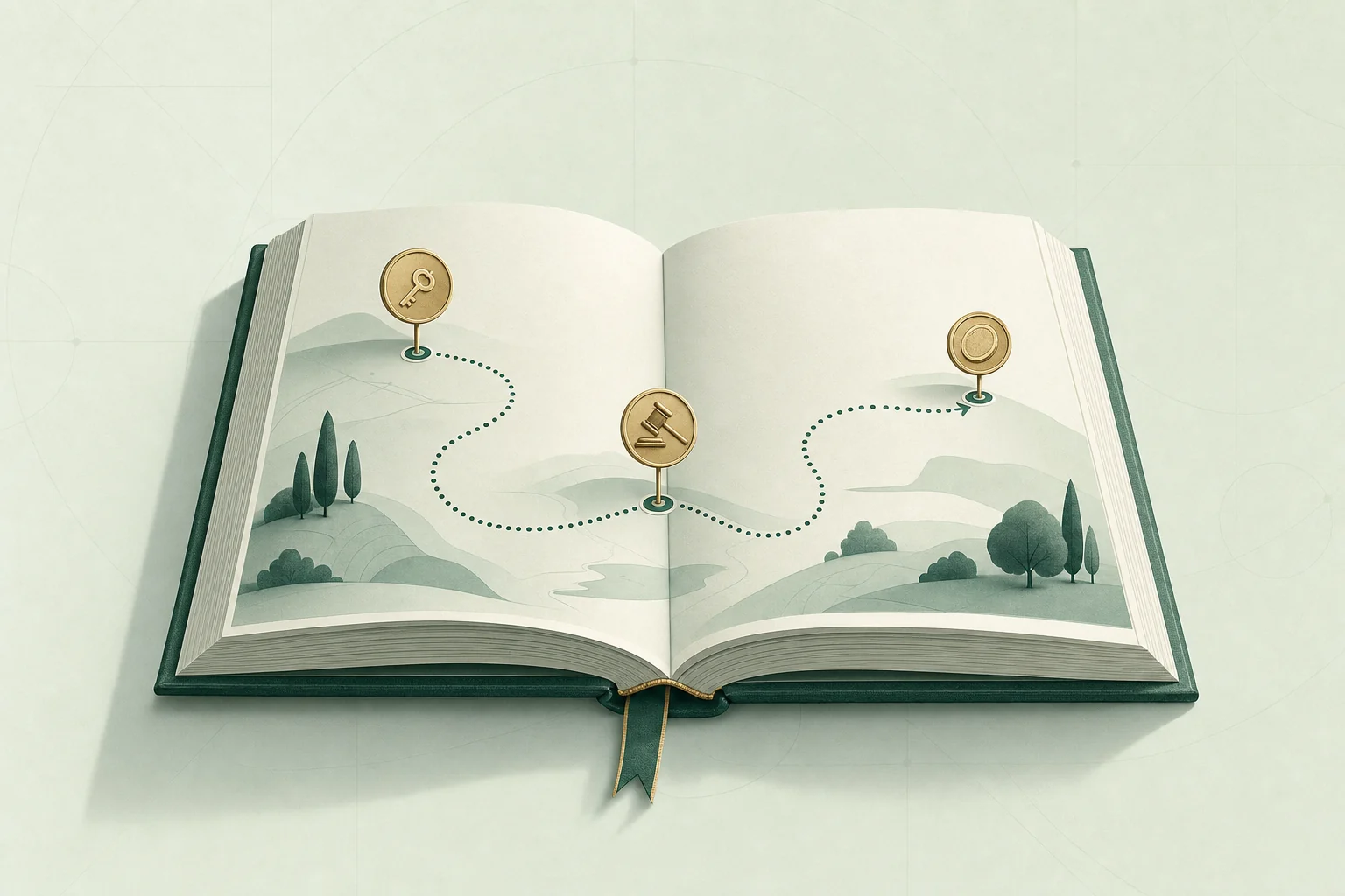 Guía abierta con una ruta e iconos de llave, maza y moneda