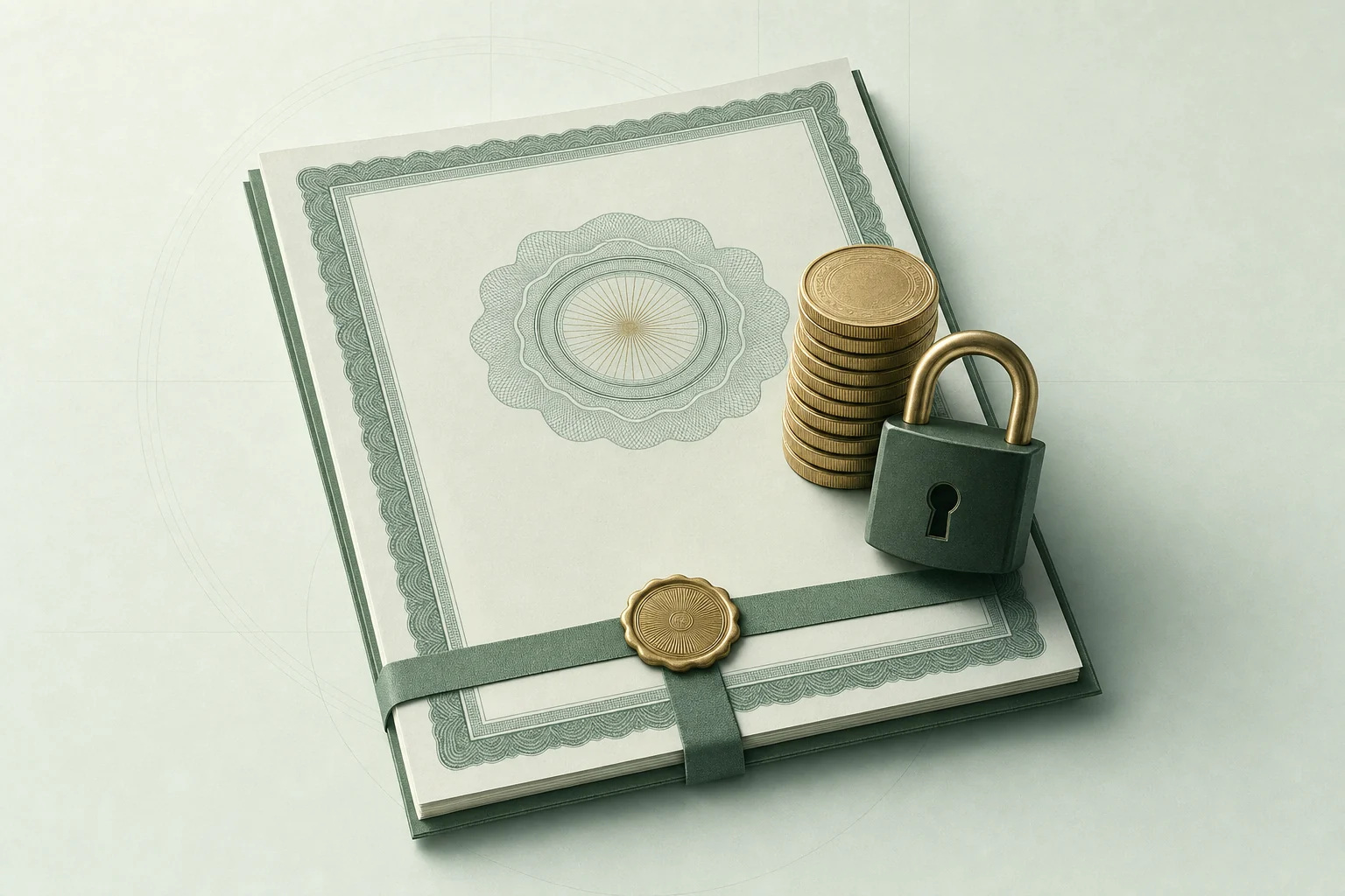 Documento fiscal con monedas y candado