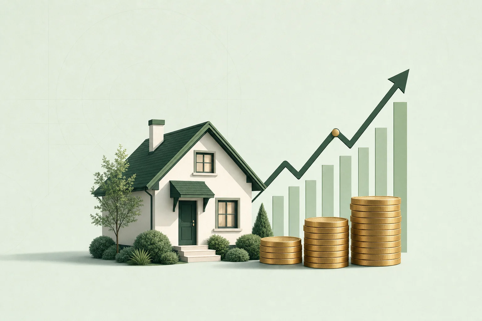 Vivienda junto a un gráfico ascendente y monedas