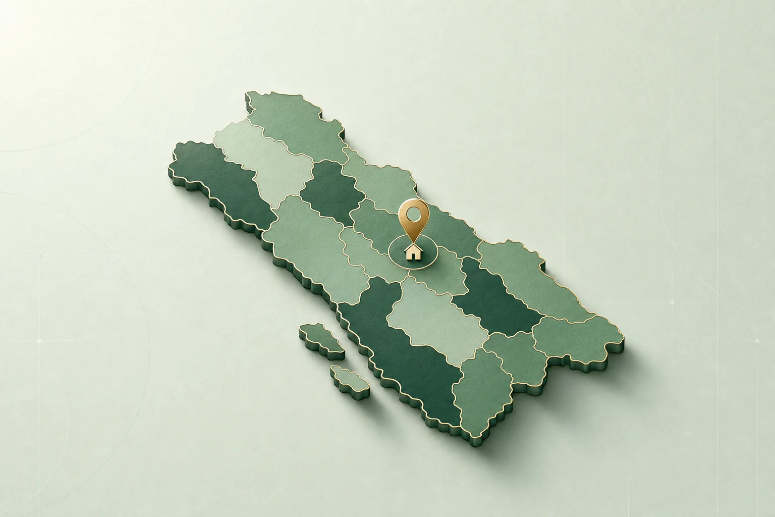 Mapa de provincias con un marcador de ubicación y una vivienda