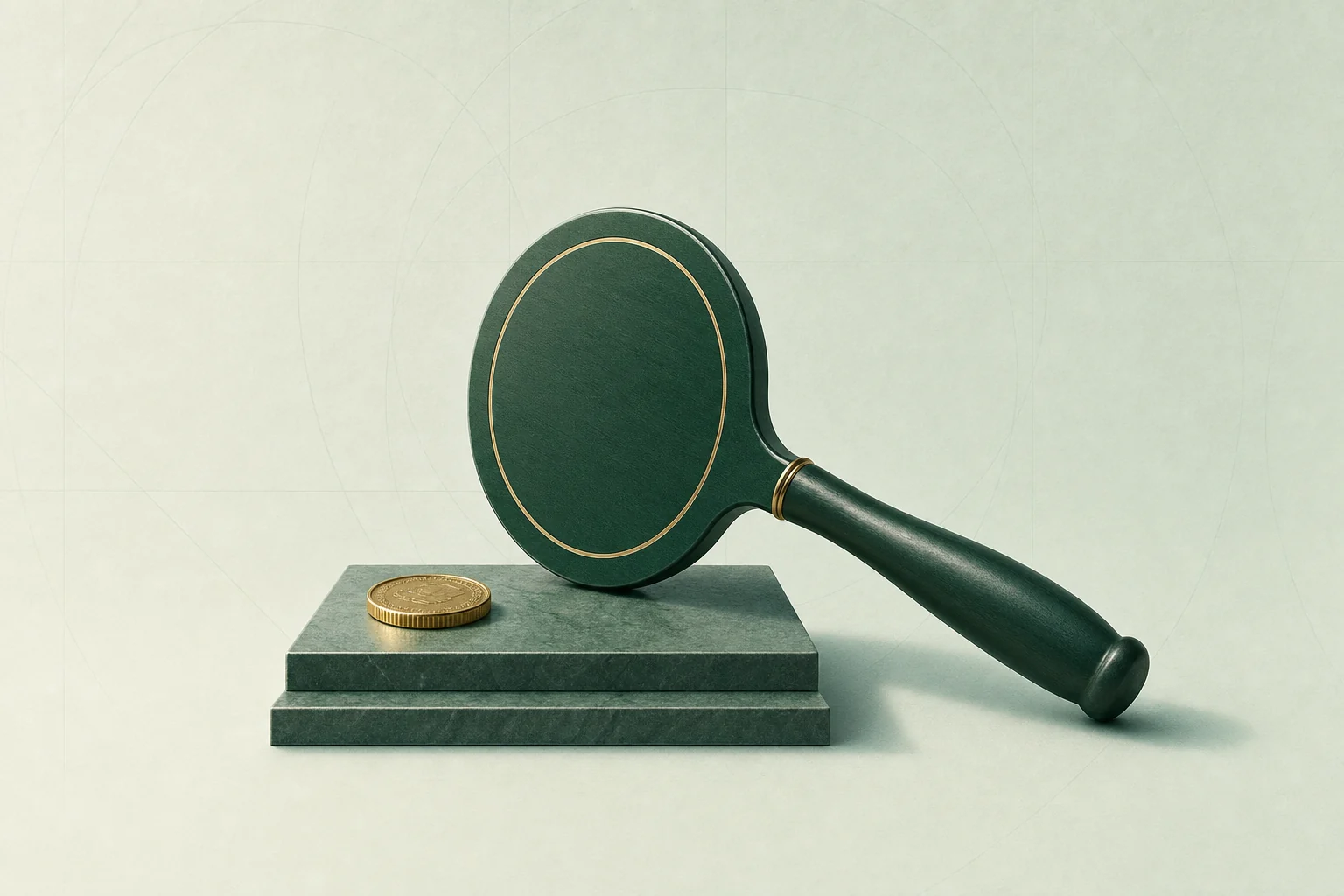 Paleta de subasta y moneda sobre escalón