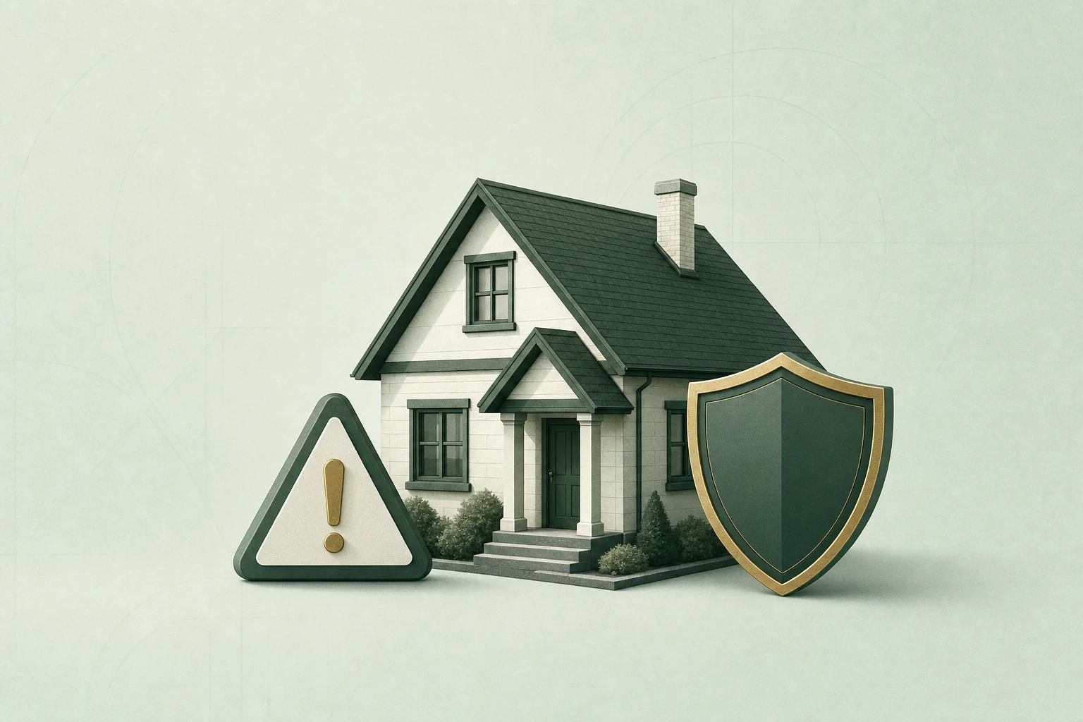 Vivienda con señal de advertencia y escudo