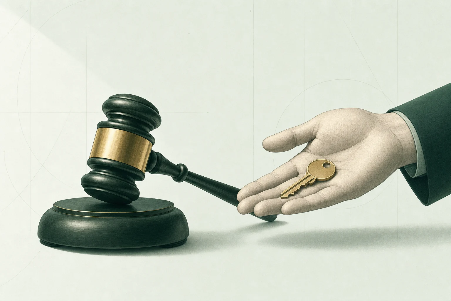 Maza judicial y una mano que ofrece una llave
