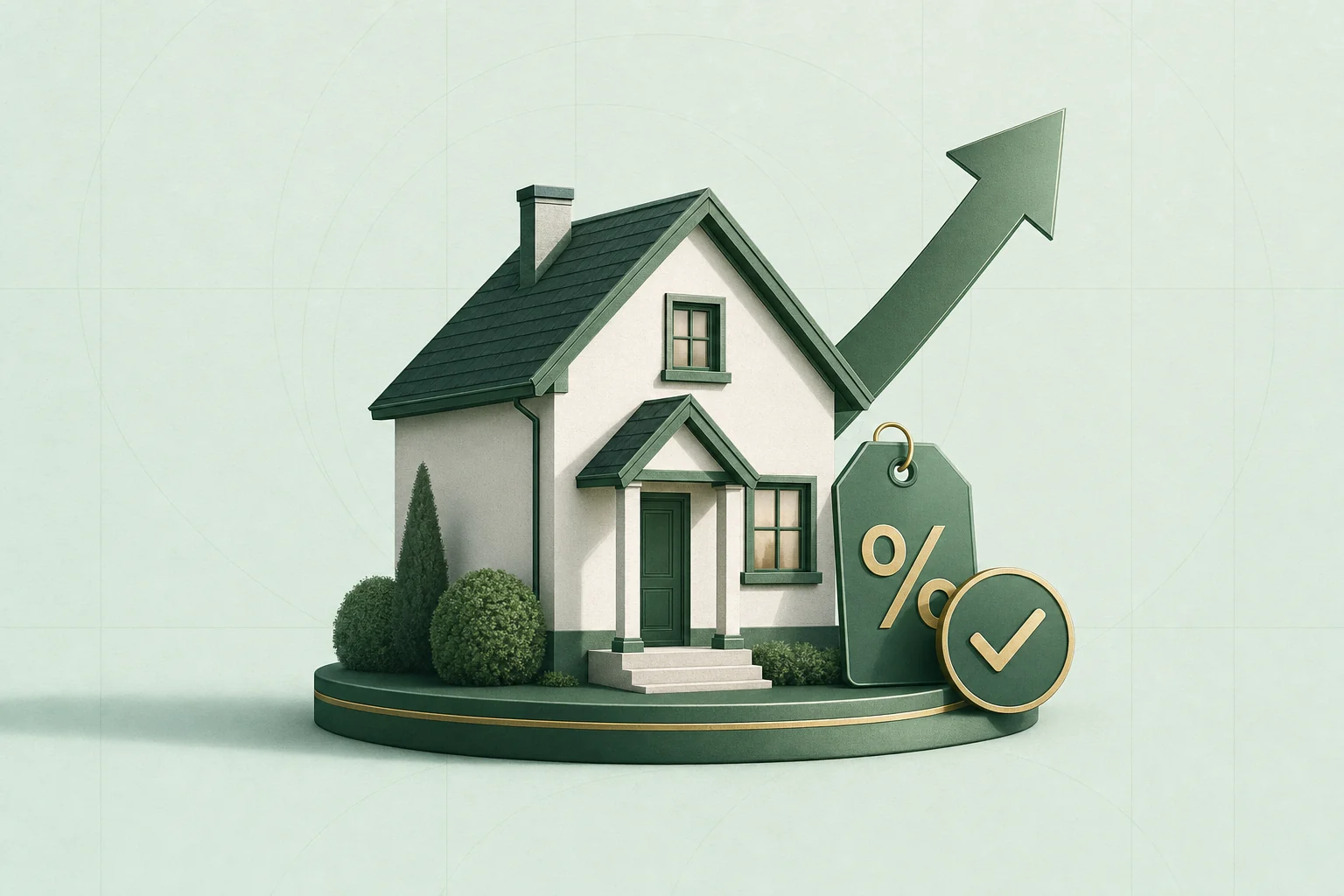 Vivienda con flecha ascendente, etiqueta de descuento y visto bueno